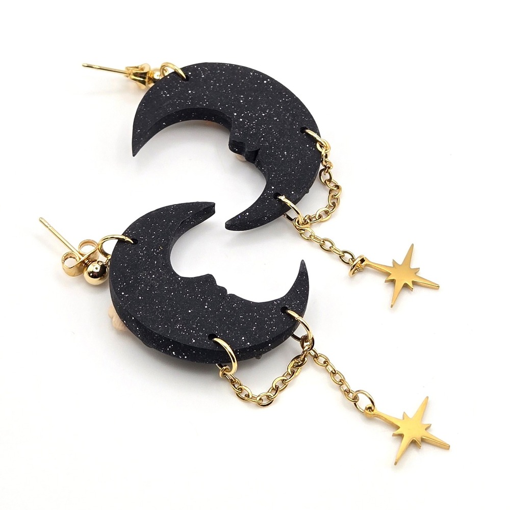 Handmade Dark Forest Crescent Moon Flower Star Dangle Earrings Black Gold Tone - Picture 6 of 8